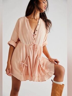Free People So Serene Peach Button-Down Mini Dress